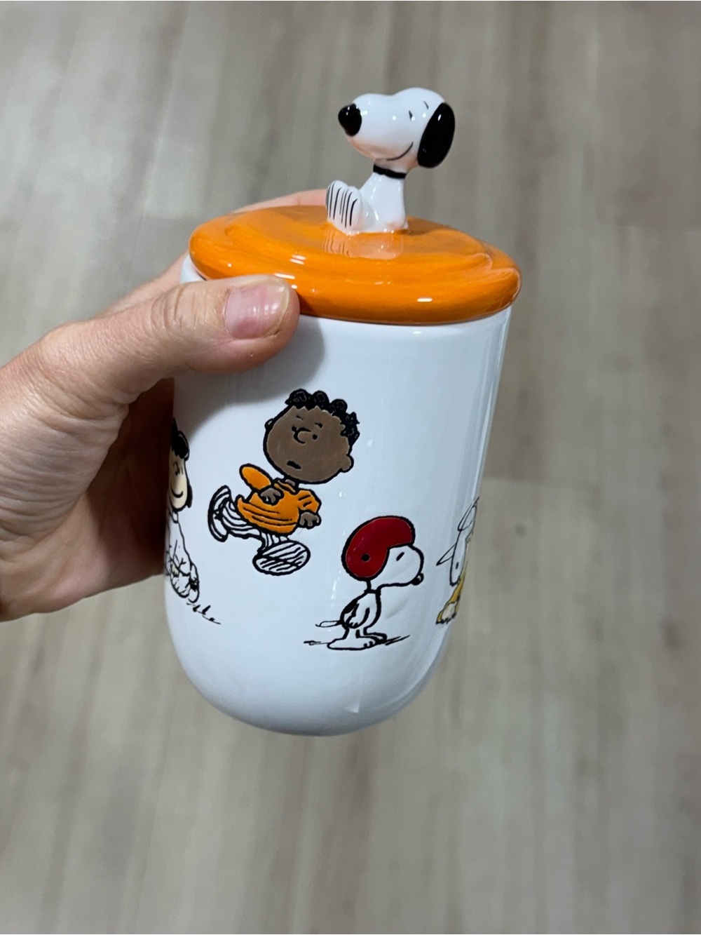 Peanuts Ceramic Bathroom Canister with Orange Lid and Snoopy Top